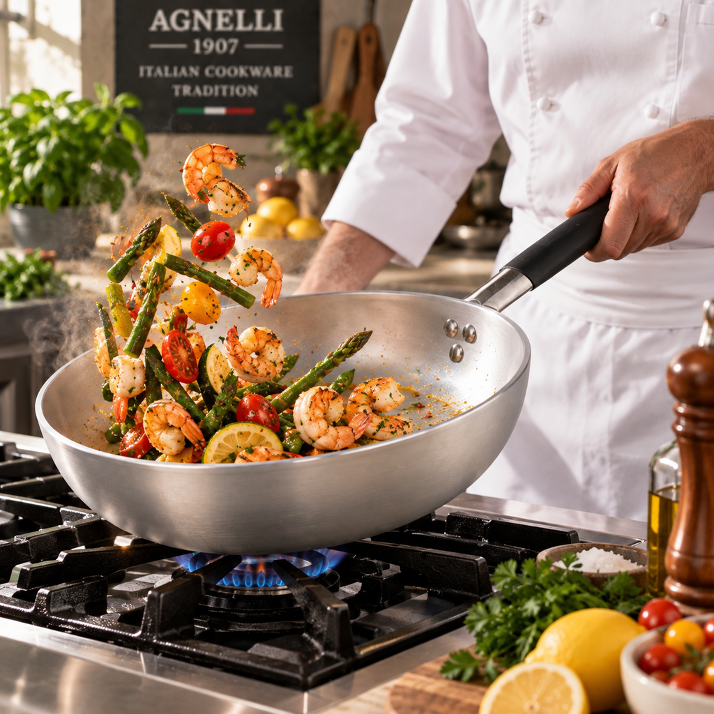 An Agnelli aluminum sauté pan with a stainless steel cool touch handle.