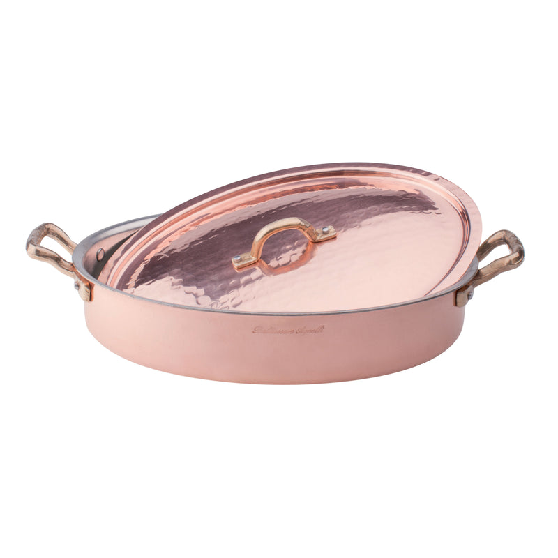 Agnelli Hammered Tinned Copper Oval Omelette Pan With Lid, 11.8-Inches