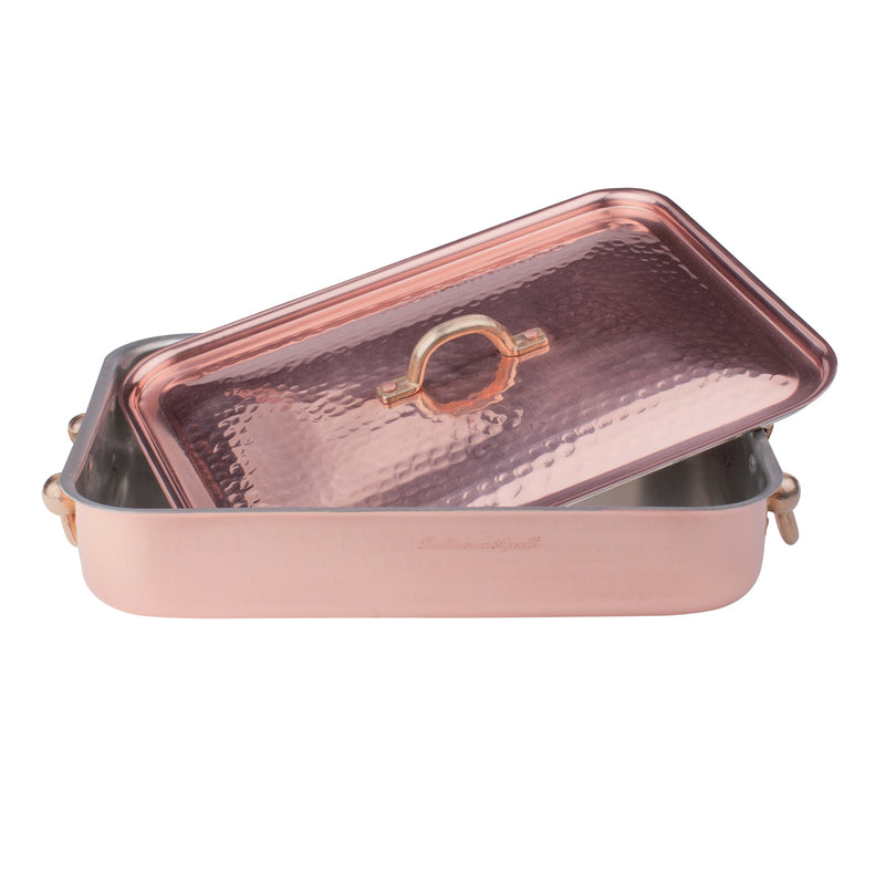 Agnelli Hammered Tinned Copper Roasting Pan With Lid, 12.6 x 9-Inches