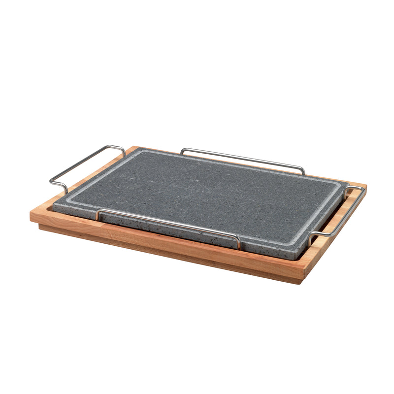 Agnelli Stone Rectangular Plate With Stainless Steel Holder & Wood Base, 11.4 x 15.7-Inches