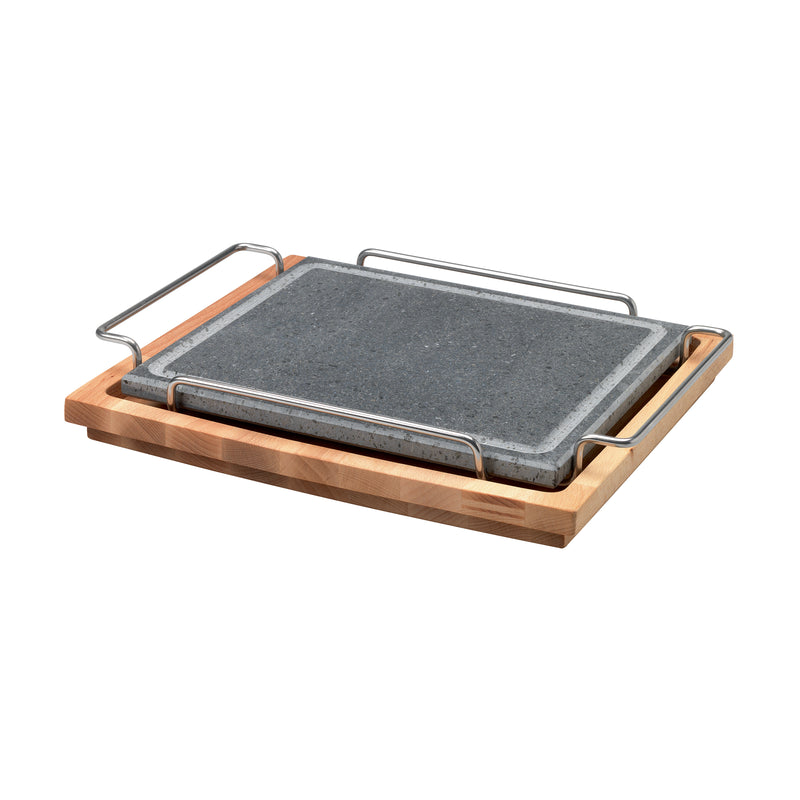 Agnelli Stone Rectangular Plate With Stainless Steel Holder & Wood Base, 9.8 x 11.8-Inches