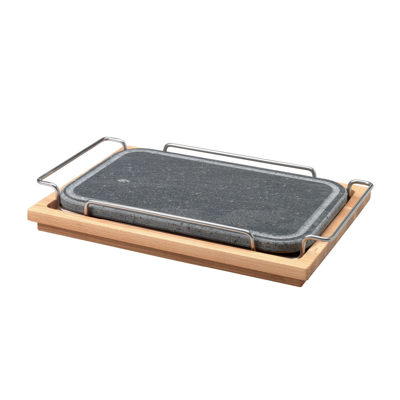 Agnelli Stone Rectangular Plate With Stainless Steel Holder & Wood Base, 9.8 x 13.7-Inches