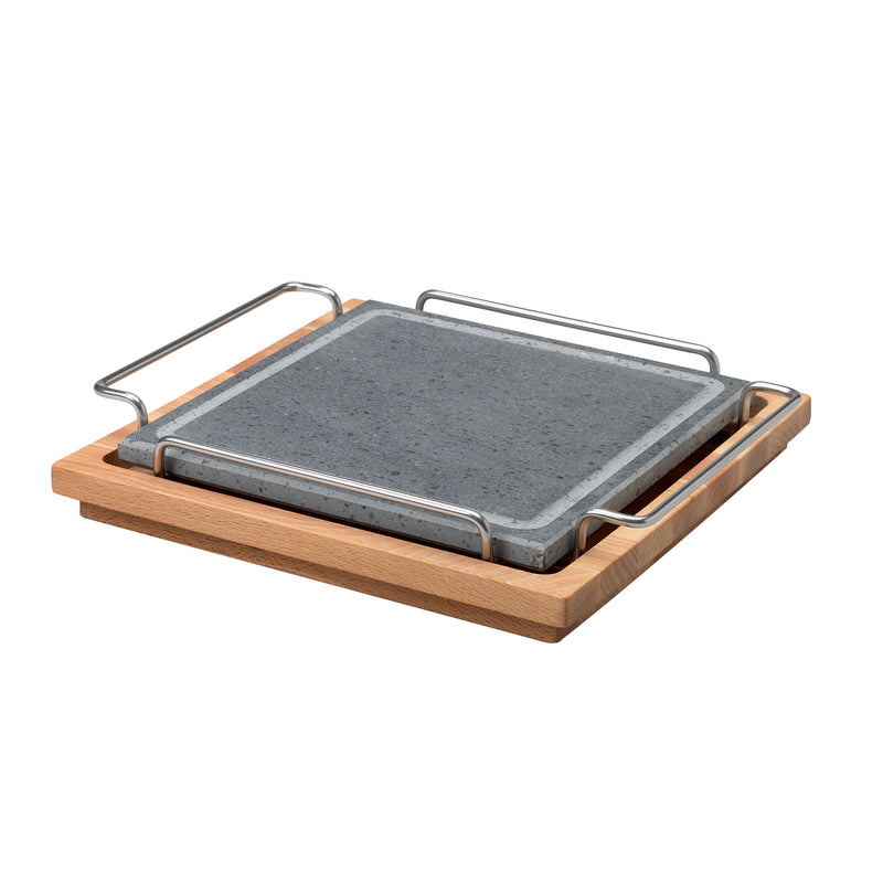 Agnelli Stone Square Plate With Stainless Steel Holder & Wood Base, 9.8 x 9.8-Inches